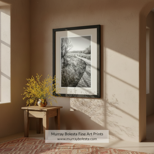 Black and white photo of a wooden path through a field with trees. Fine Art Surreal Print with Frosty Winter Landscape and Boardwalk by Murray Bolesta