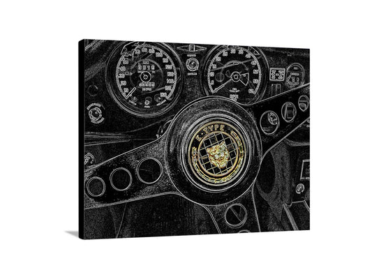 The image is a close-up of a car's steering wheel, featuring various gauges and controls. Jaguar E-Type Abstract Art Print | Vintage Sports Car Decor