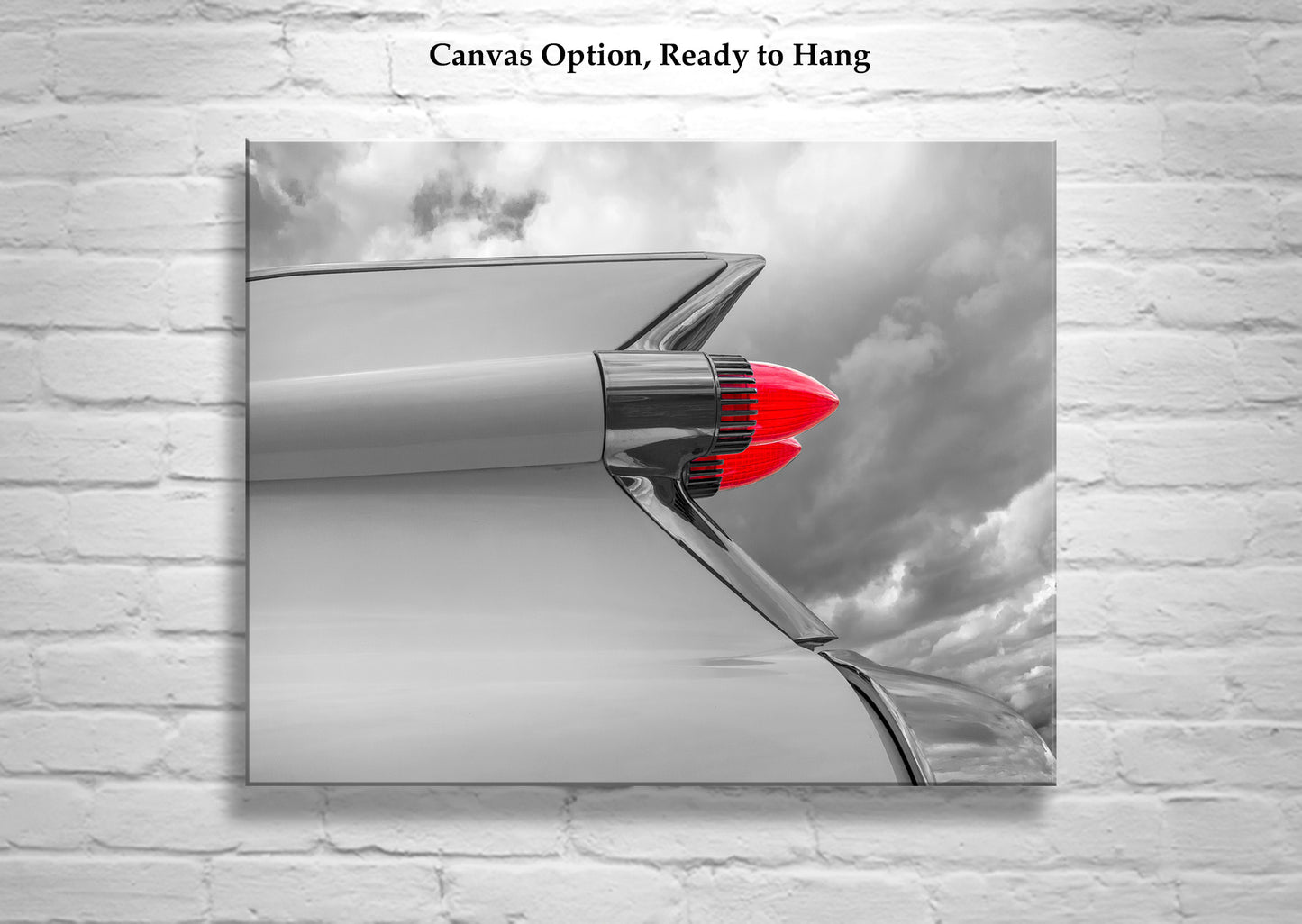 Old Cadillac Car Art – Black & White Photo with Classic 1950s Tail Fins