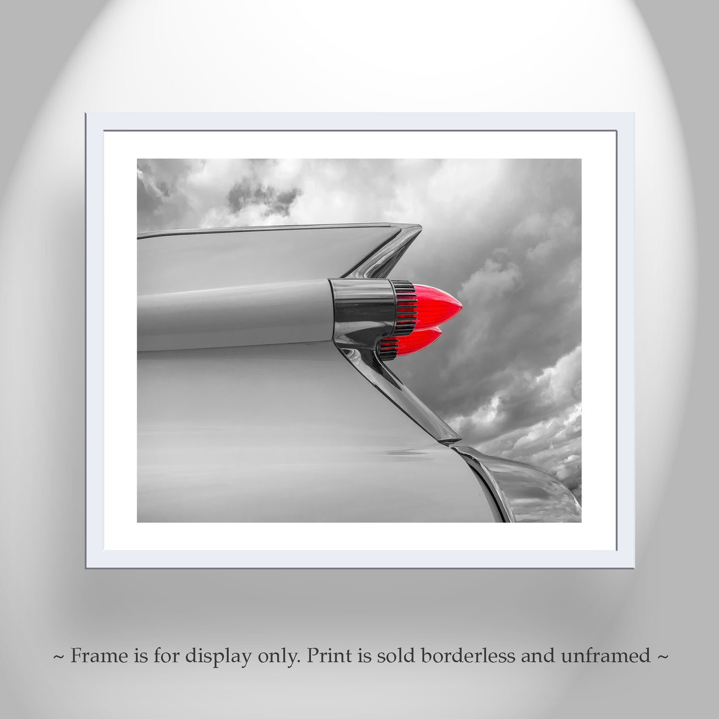 Old Cadillac Car Art – Black & White Photo with Classic 1950s Tail Fins