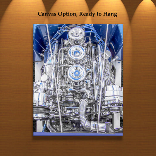 Automotive Wall Art with Chromed Hot Rod Car Engine