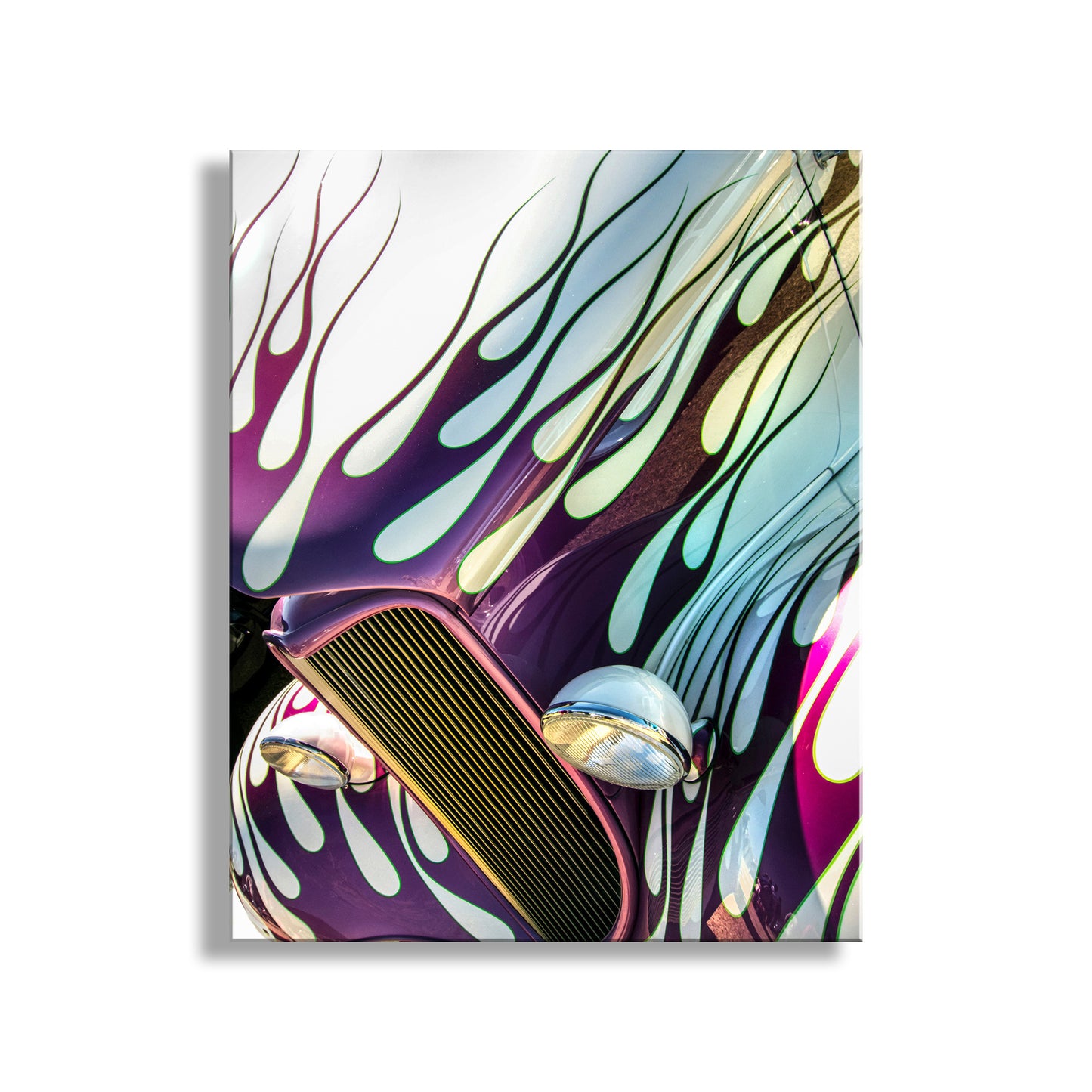 Hot Rod Muscle Car with Blue Hood Flames as Car Collector Wall Decor