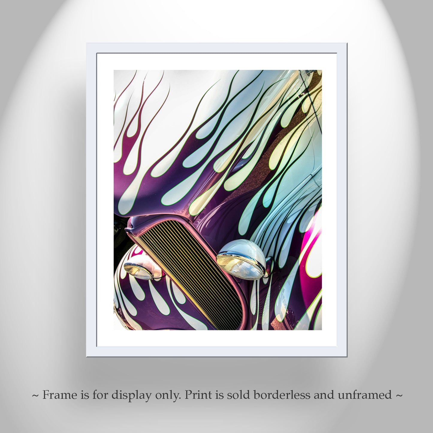 Hot Rod Muscle Car with Blue Hood Flames as Car Collector Wall Decor