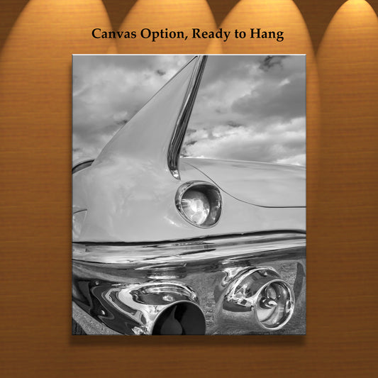 Black and White Cadillac Photo Art Print with Tail Fins
