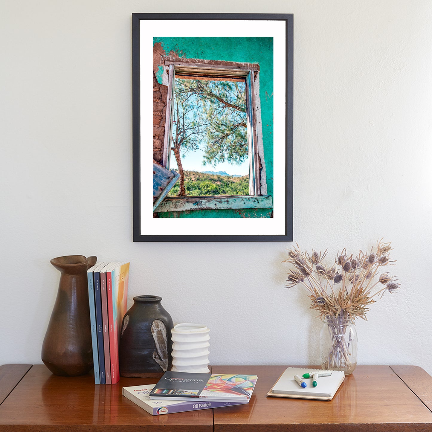 Old Southwestern Adobe Ruins Wall Decor with Blue Window