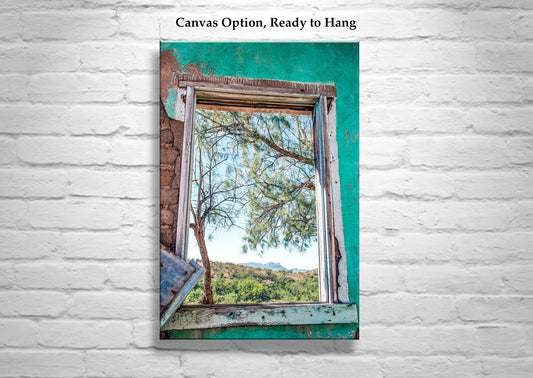 Old Southwestern Adobe Ruins Wall Decor with Blue Window