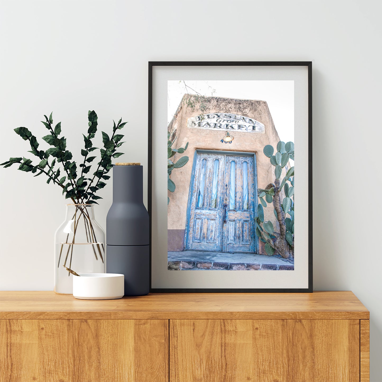 Old Tucson Art Print with Blue Barrio Door at Elysian Grove | Southwestern Style Wall Decor Gift for Home or Office