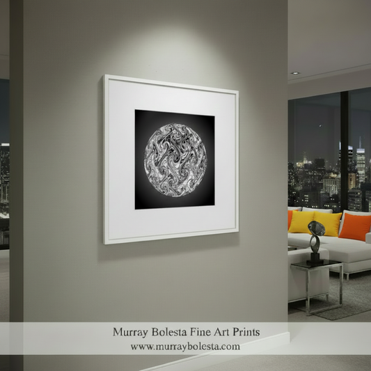 Abstract black and white sphere design on a black background by Murray Bolesta