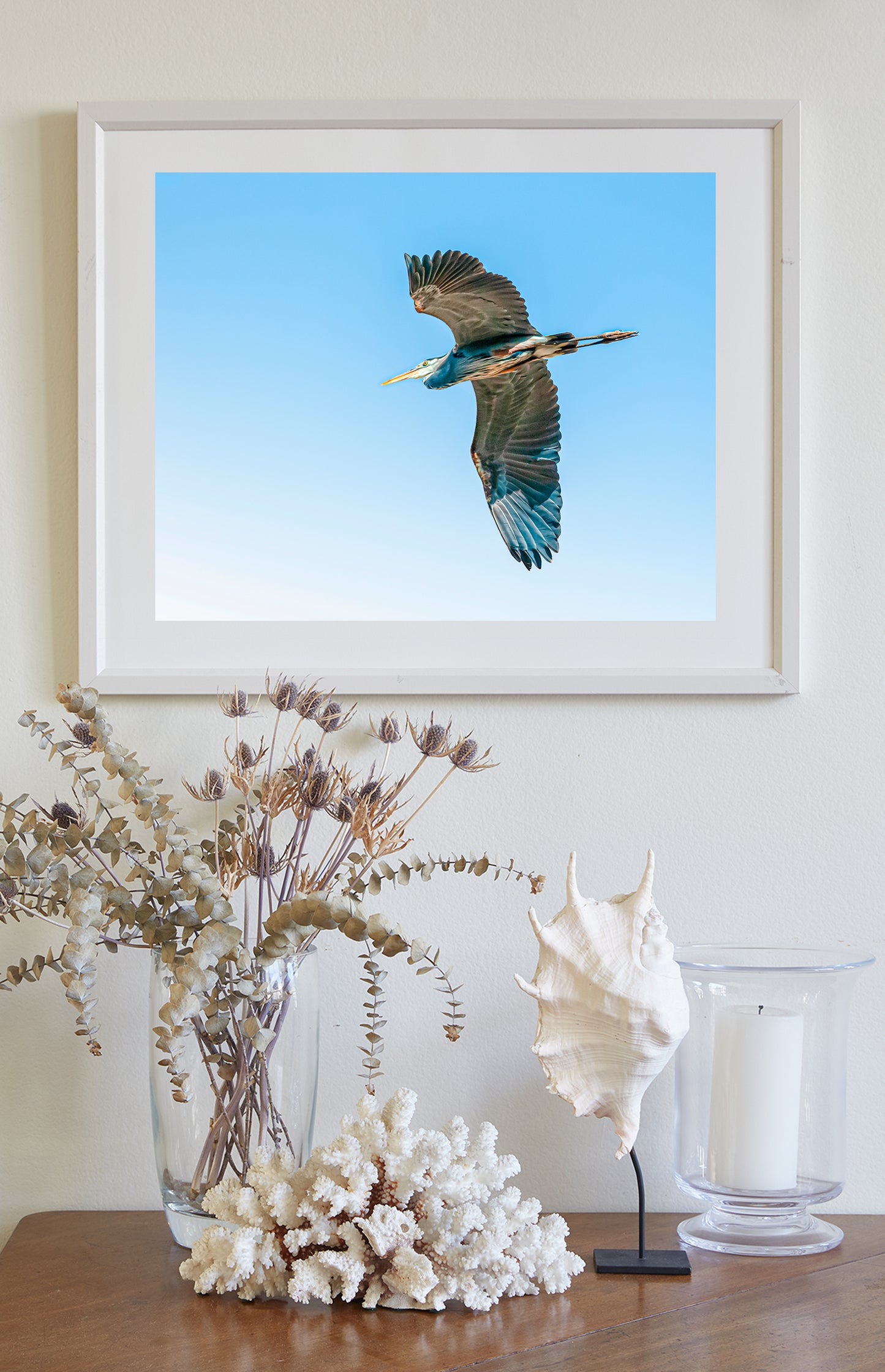 Blue Heron Flying Bird Photo Art Print as Minimalist Wildlife Decor