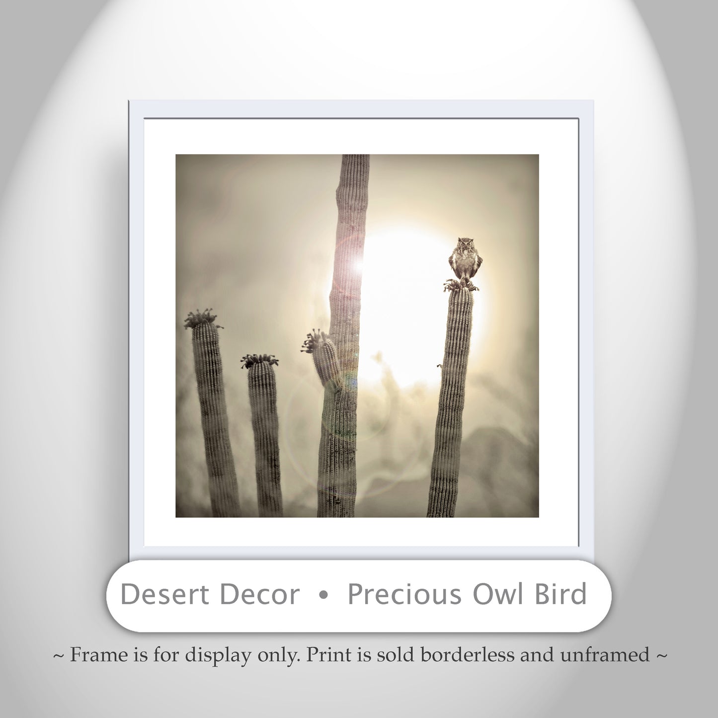 Great Horned Owl Art Print with Sonoran Desert Saguaro Cactus Sunset | Tucson Arizona Ironwood Forest Landscape Photo