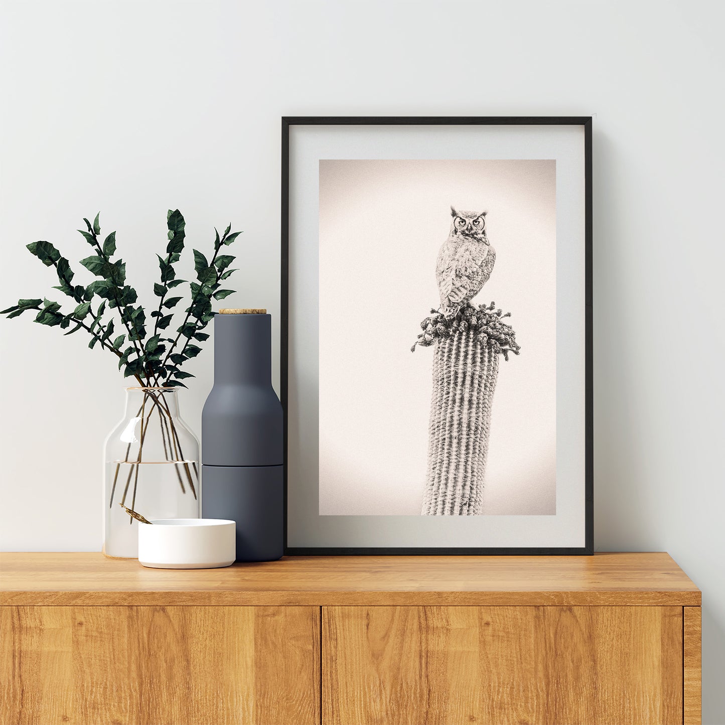 Owl Bird Artwork on Desert Cactus as Southwestern Wall Decor