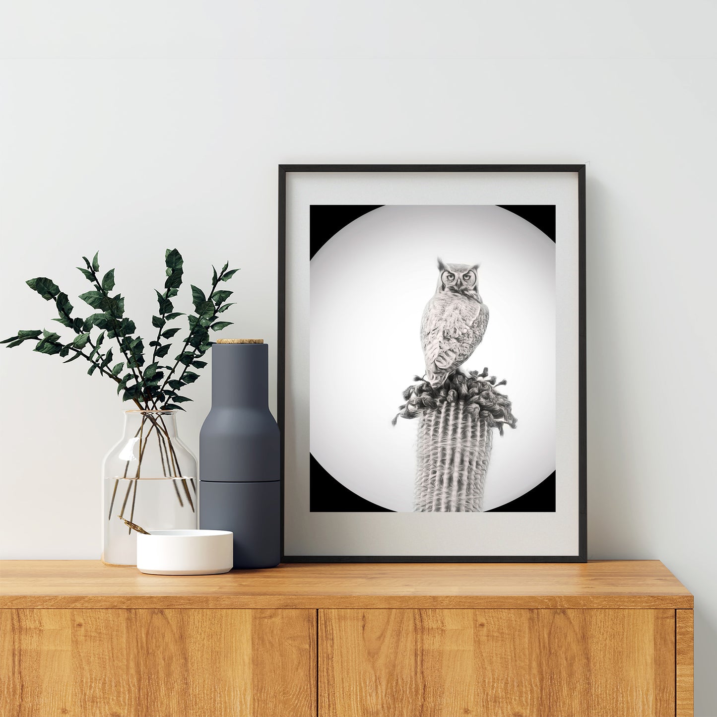 Owl Art Print as Black and White Desert Cactus Bird Artwork