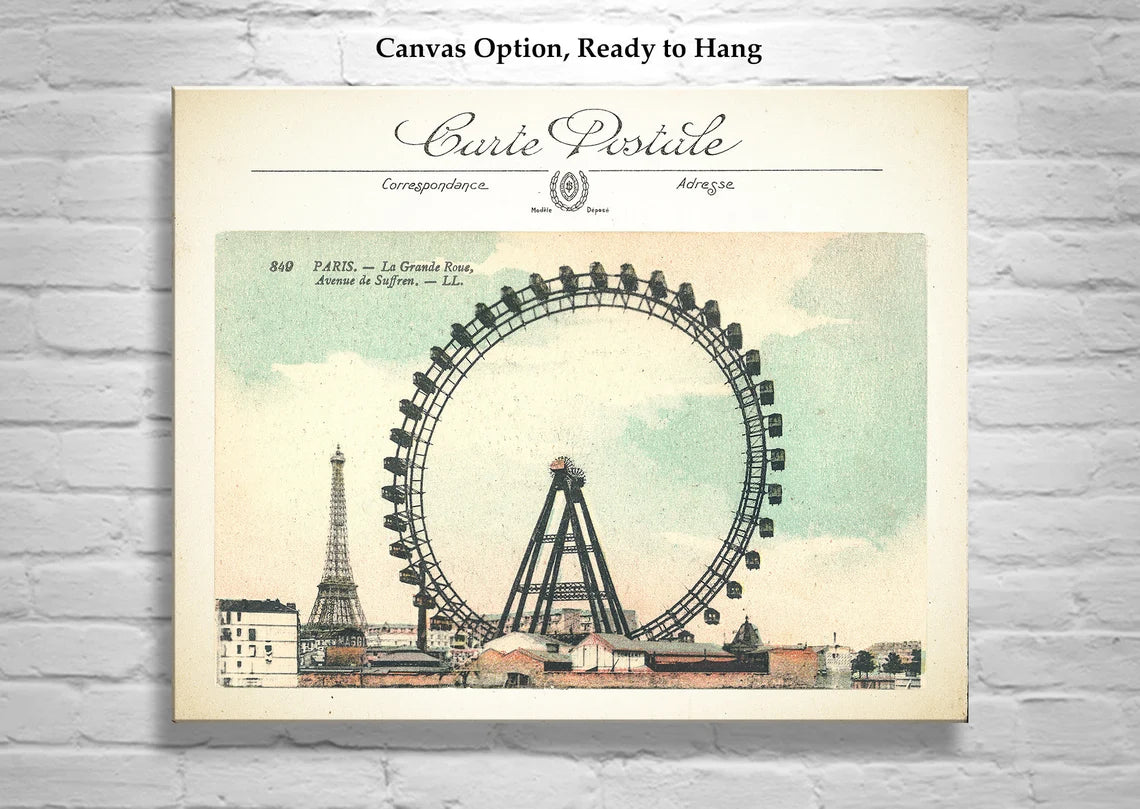 Vintage Art Print of Paris Ferris Wheel and Eiffel Tower | French Wall Decor Gift for Home or Office