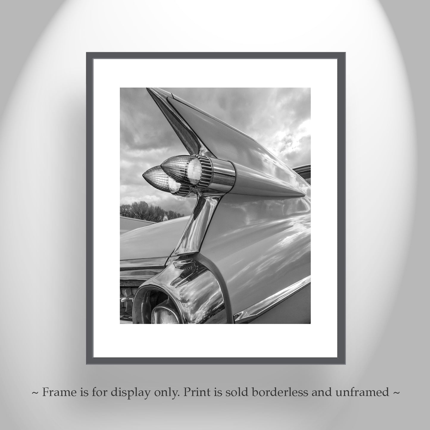 Cadillac Picture as Classic Automobile Wall Art with Tail Fins in Black and White