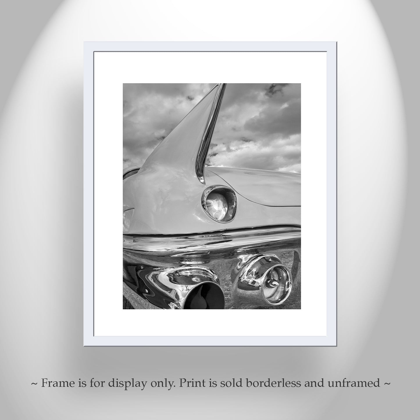 Black and White Cadillac Photo Art Print with Tail Fins