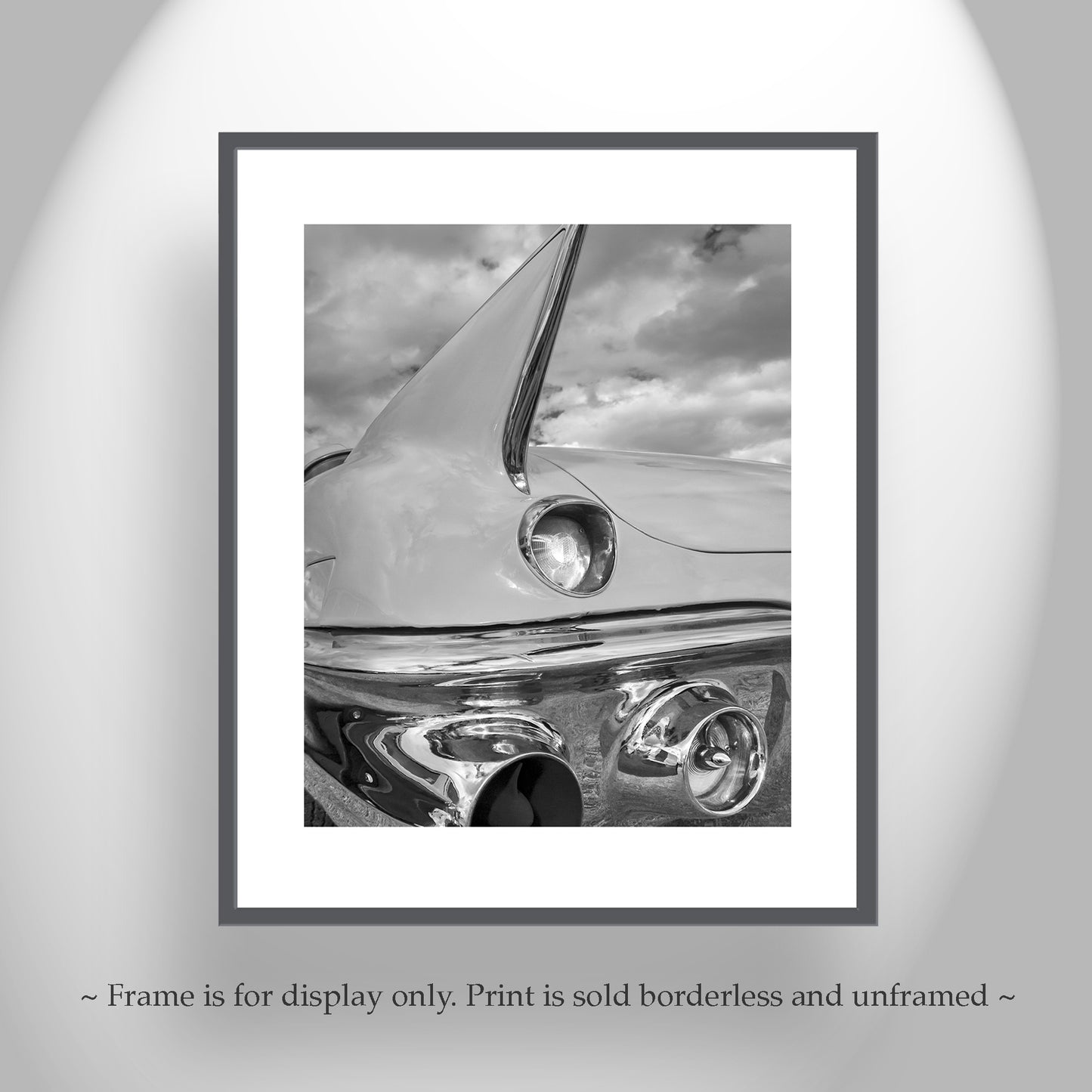 Black and White Cadillac Photo Art Print with Tail Fins