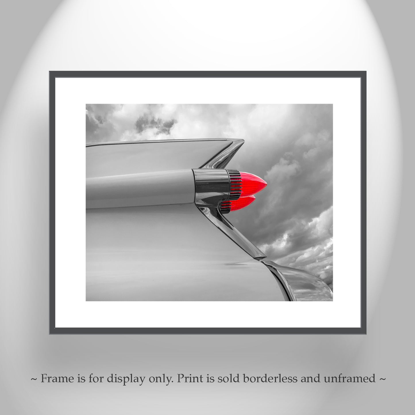 Old Cadillac Car Art – Black & White Photo with Classic 1950s Tail Fins