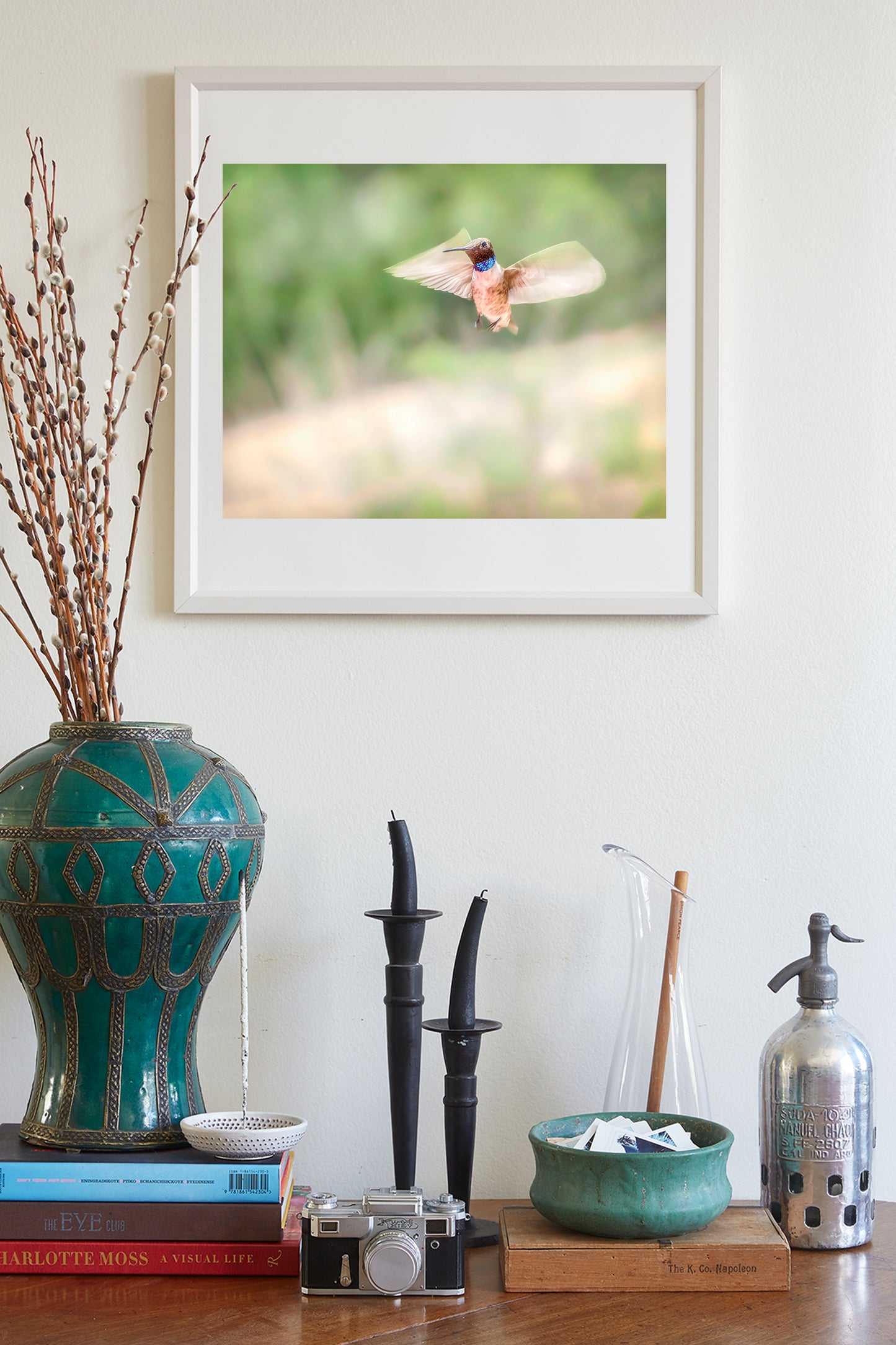 Hummingbird in Flight Art as Spring Green Nature Decor | Tucson Birds