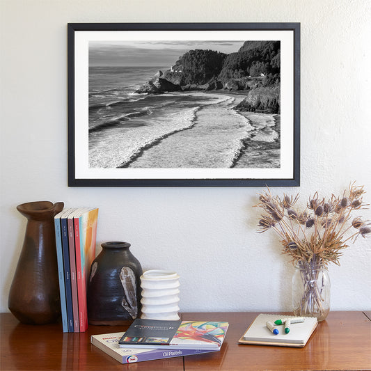 Black and White Oregon Coast Lighthouse Photo as Wall Decor
