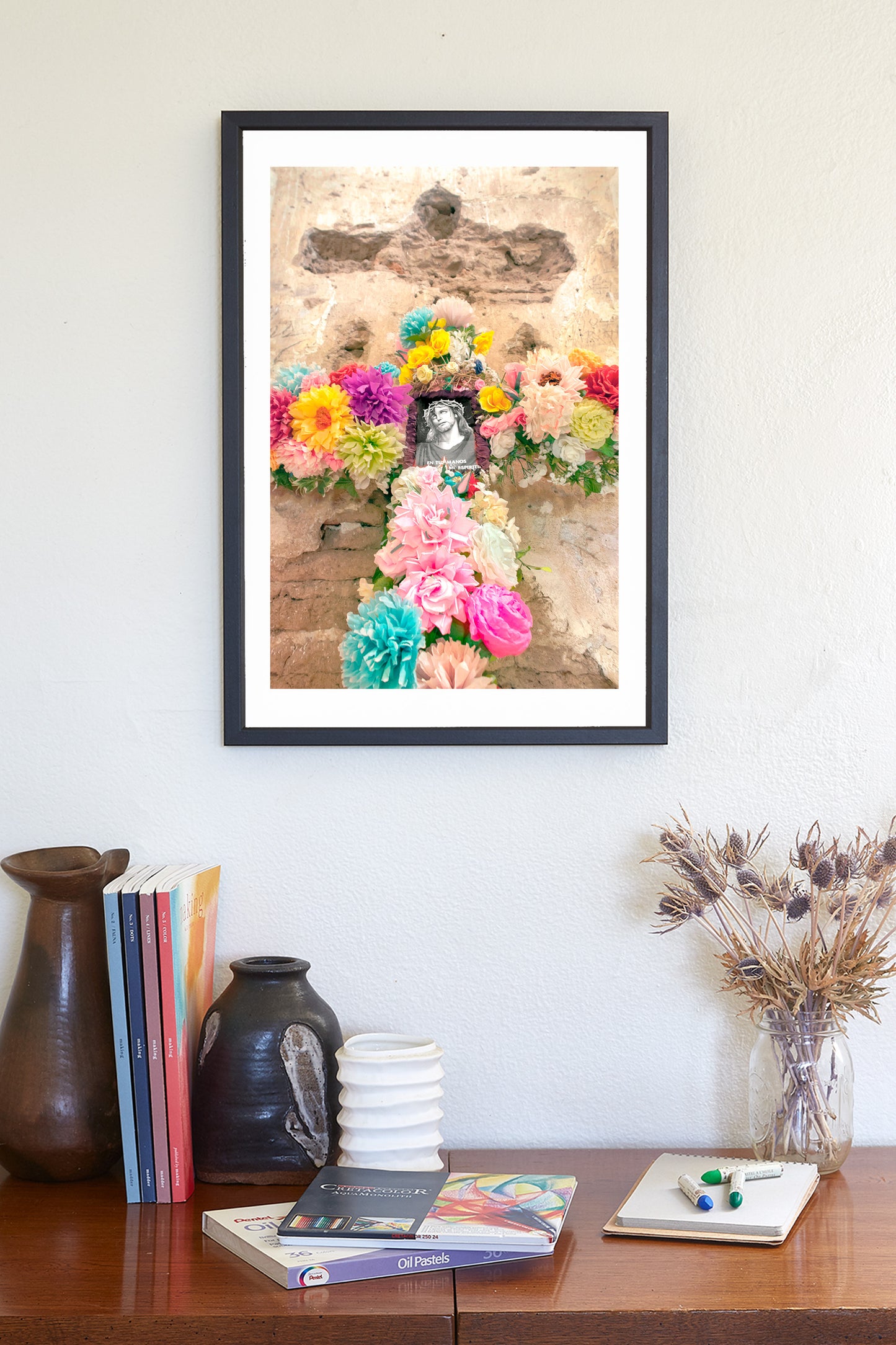 Floral Cross with Jesus | Hispanic Religious Art Print at Tumacacori Az