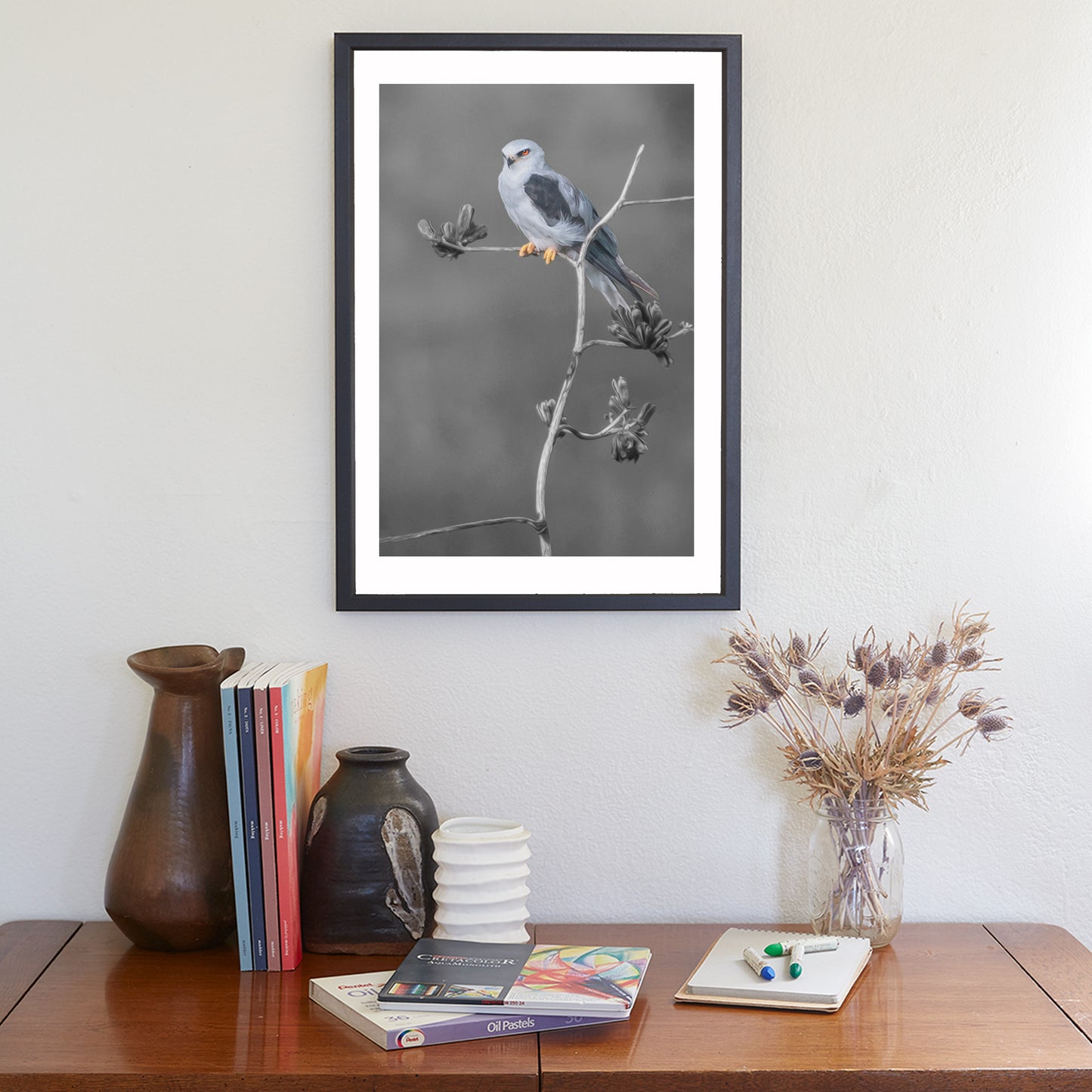 Kite Bird with Desert Agave Black and White Nature Art Print
