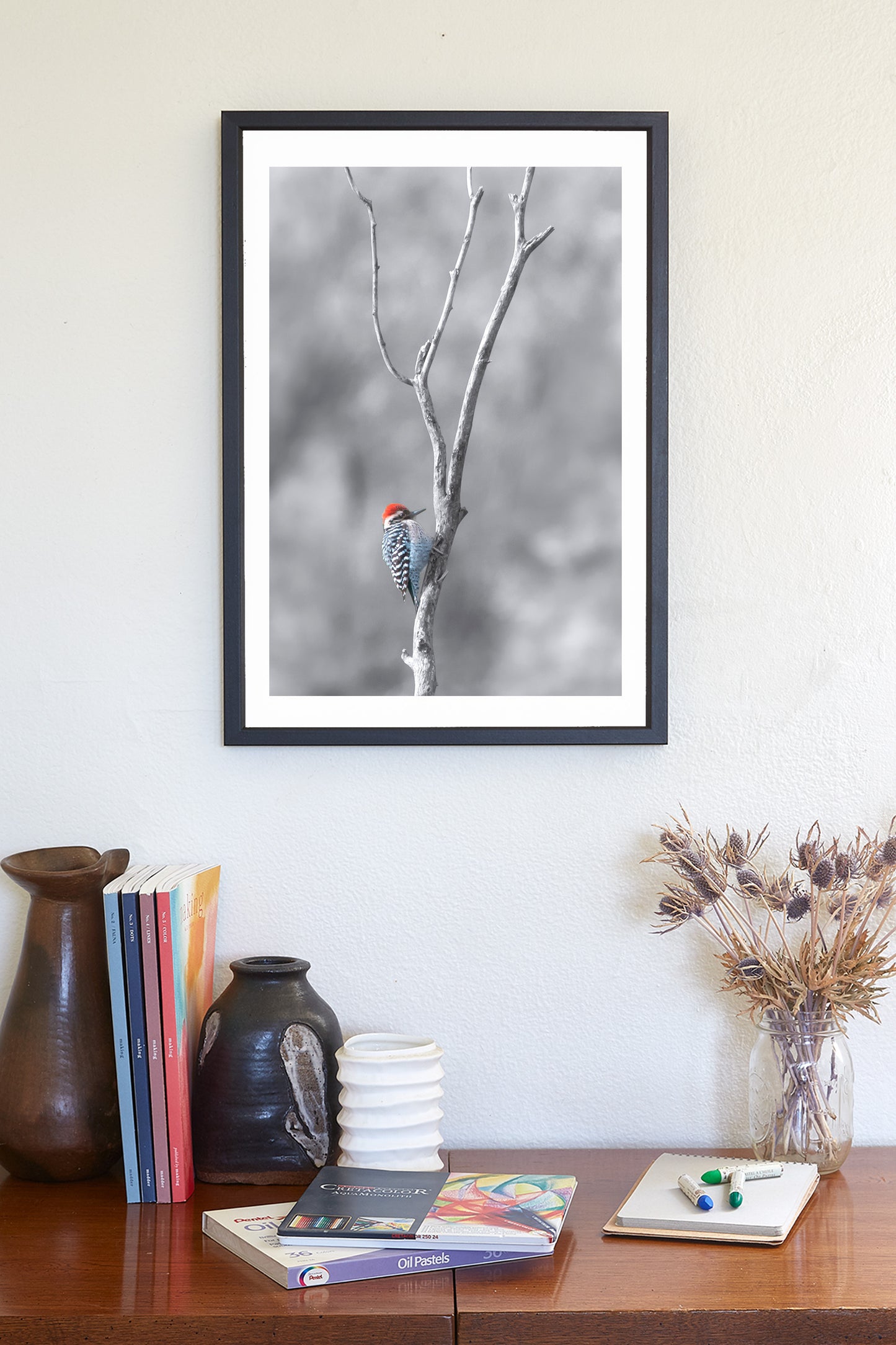 Bird in Winter Print with Ladderback Woodpecker | Minimalist Wall Art