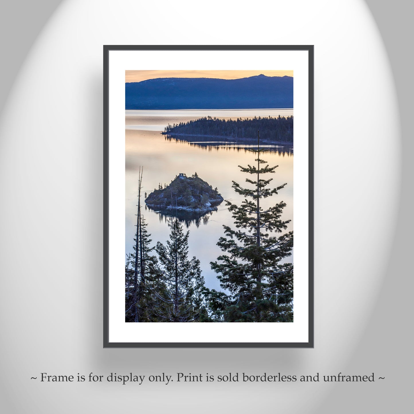 Lake Tahoe Photography Art Print with Emerald Bay Sunrise | Ponderosa Pine Tree Silhouette | Vertical Tahoe Wall Decor Gift