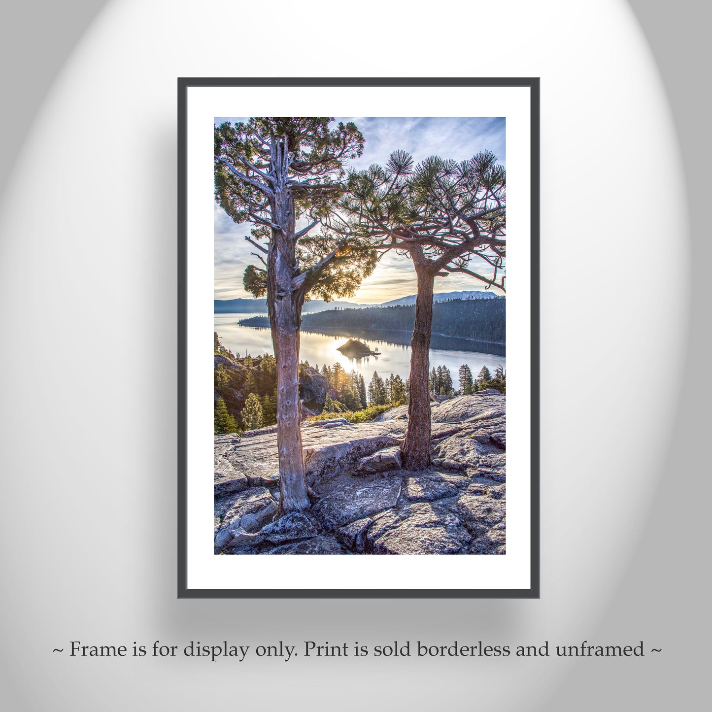 Sierra Tahoe Art Print with Emerald Bay as Wall Decor for Home or Office | Ponderosa Pine Tree Silhouette | Vertical Tahoe Home Decor Gift