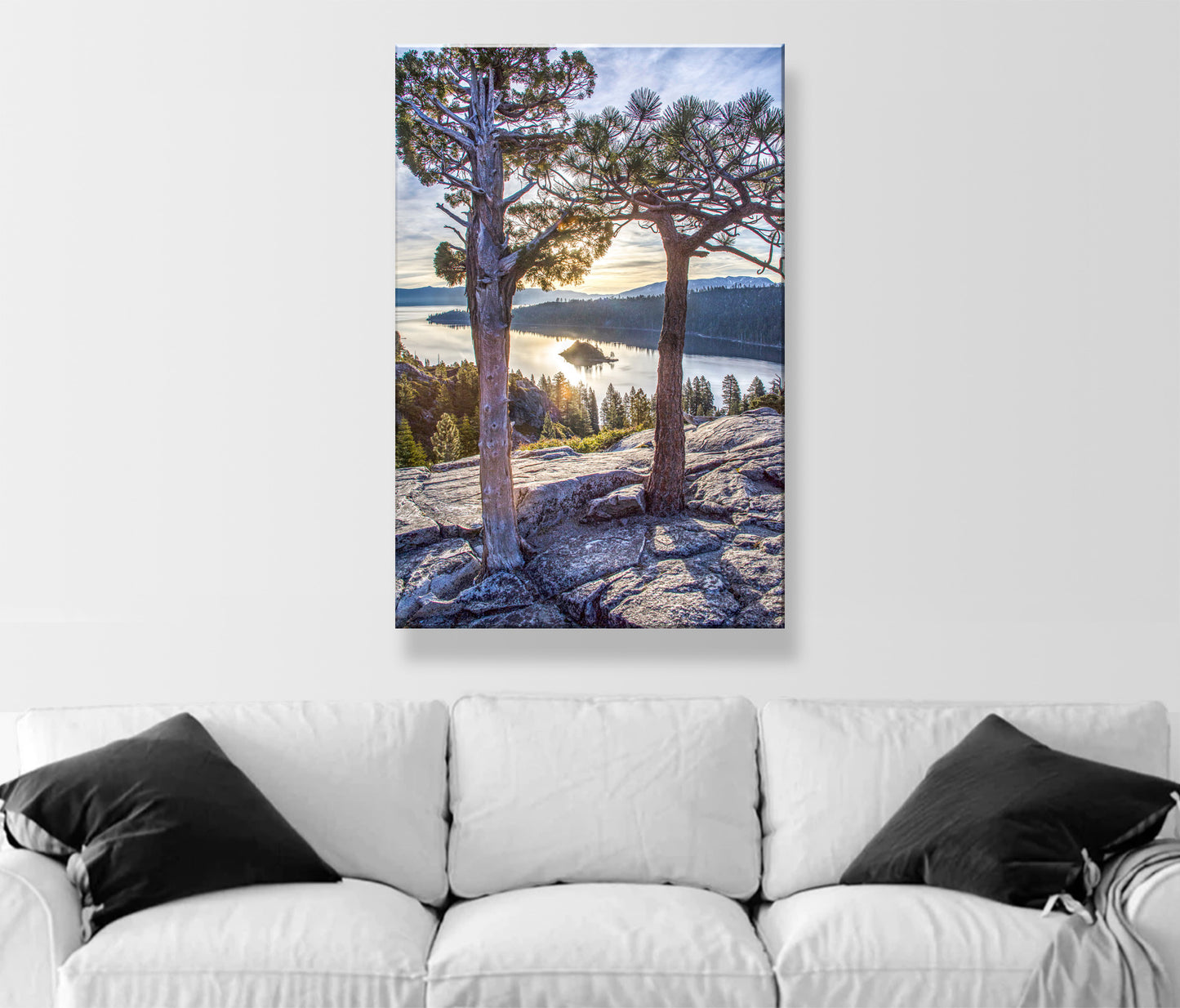 Sierra Tahoe Art Print with Emerald Bay as Wall Decor for Home or Office | Ponderosa Pine Tree Silhouette | Vertical Tahoe Home Decor Gift