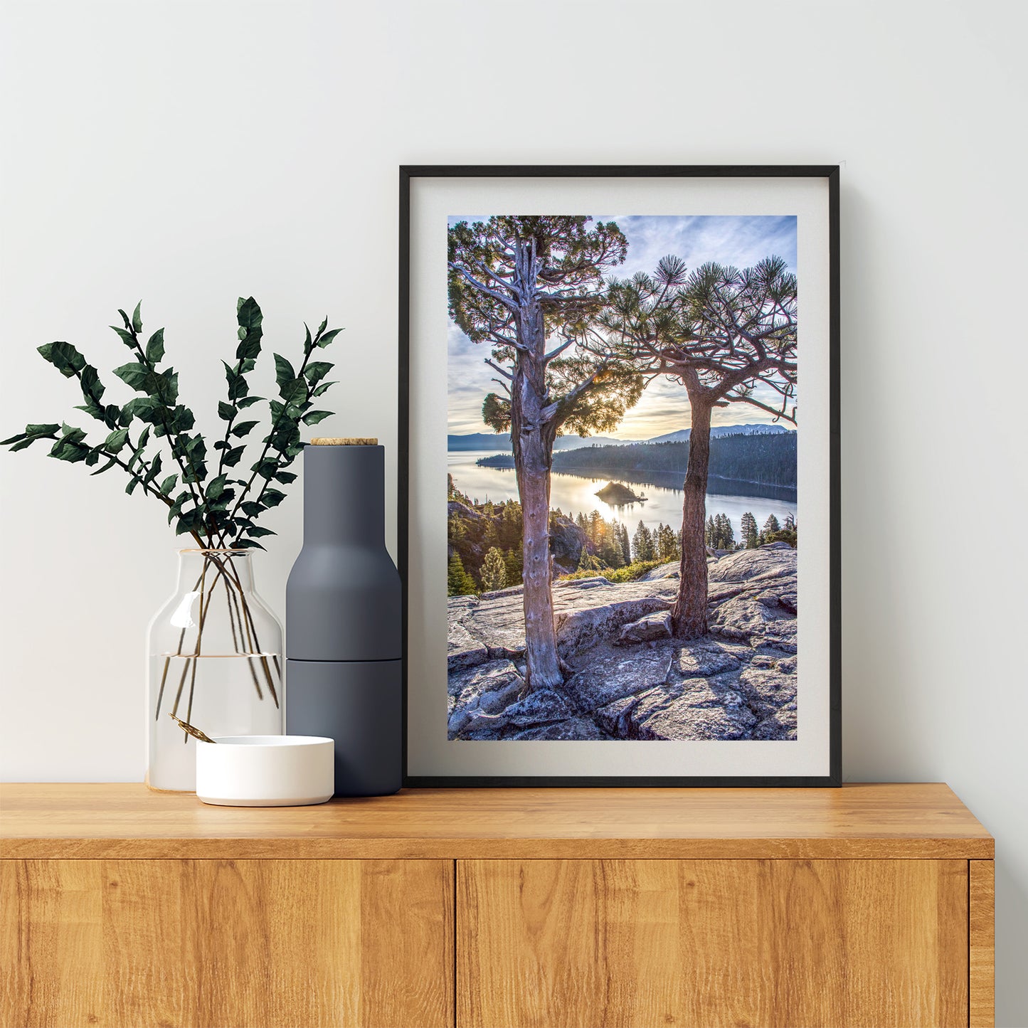 Sierra Tahoe Art Print with Emerald Bay as Wall Decor for Home or Office | Ponderosa Pine Tree Silhouette | Vertical Tahoe Home Decor Gift