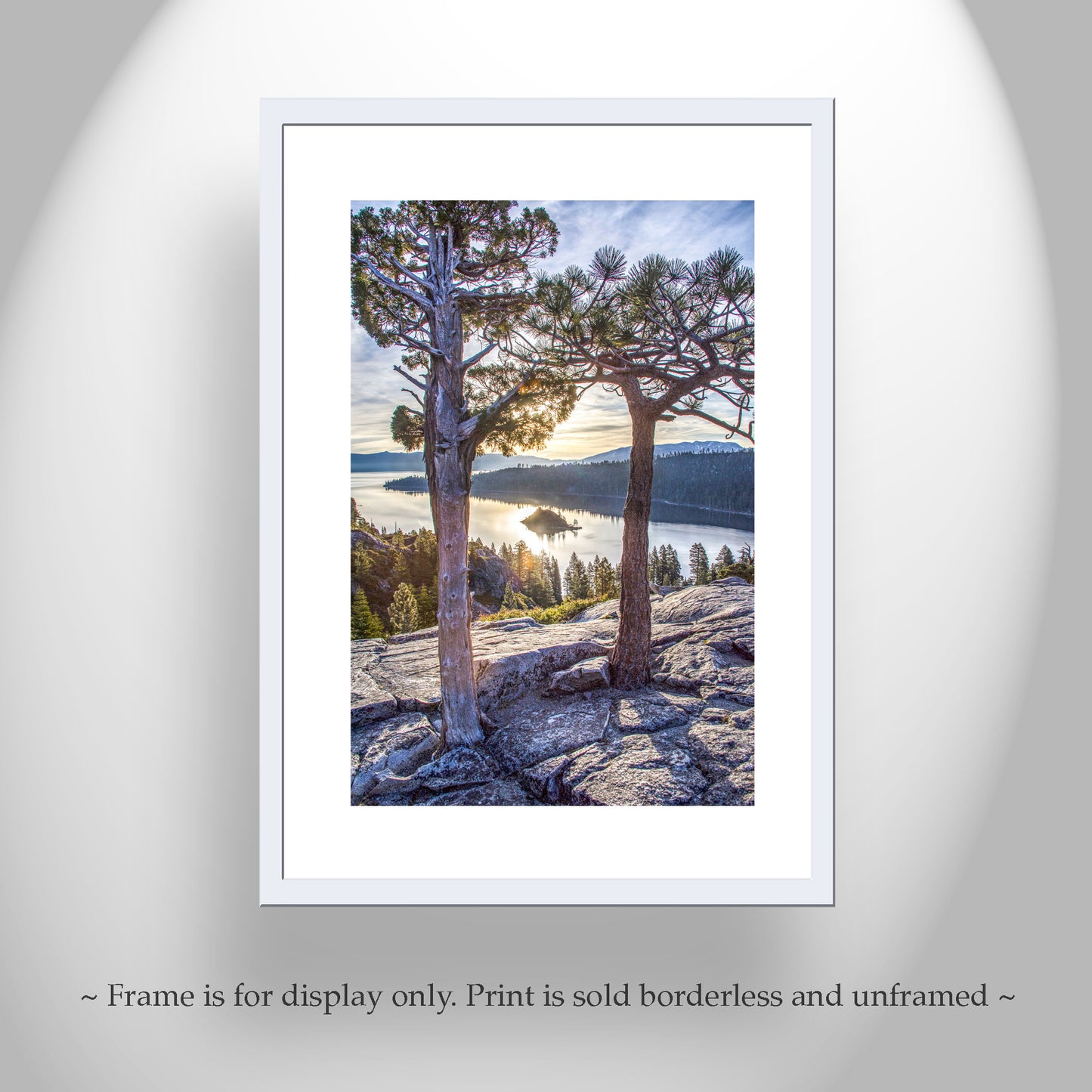 Sierra Tahoe Art Print with Emerald Bay as Wall Decor for Home or Office | Ponderosa Pine Tree Silhouette | Vertical Tahoe Home Decor Gift