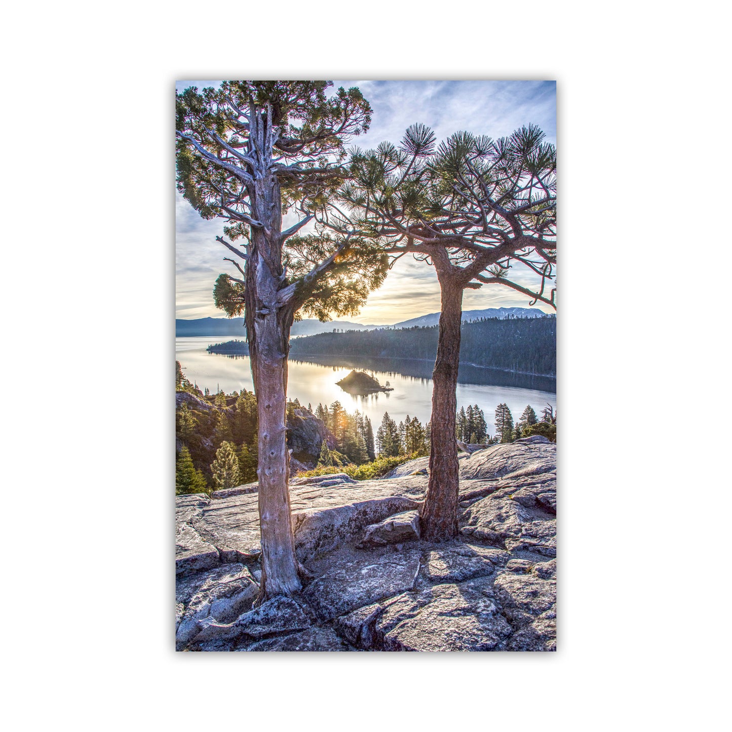 Sierra Tahoe Art Print with Emerald Bay as Wall Decor for Home or Office | Ponderosa Pine Tree Silhouette | Vertical Tahoe Home Decor Gift