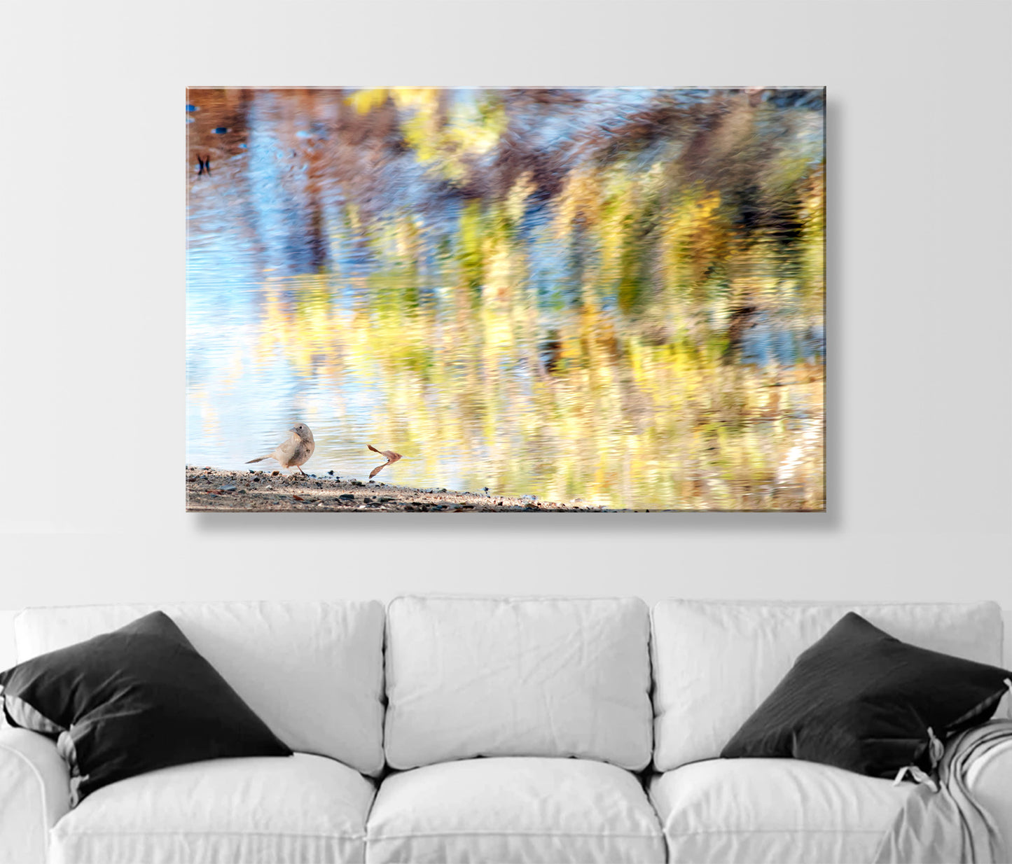 Painterly Art with Little Bird and Water Reflections with Fall Colors