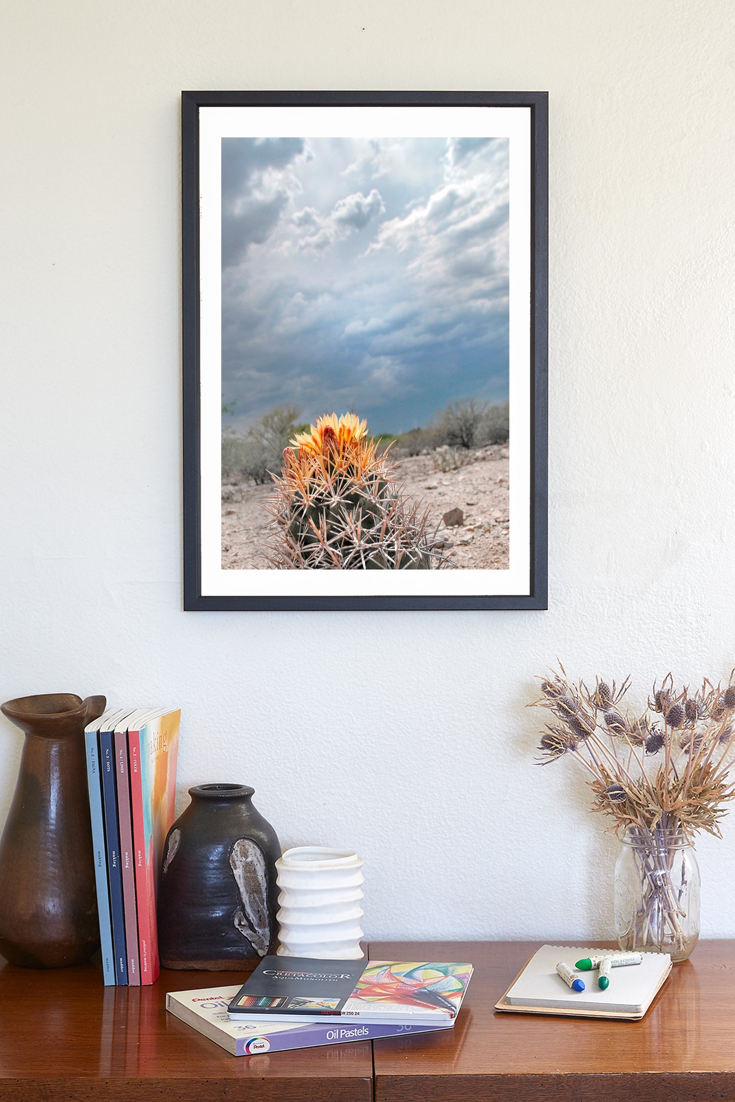 Desert Storm Landscape Art with Cactus Flower and Stormy Sky