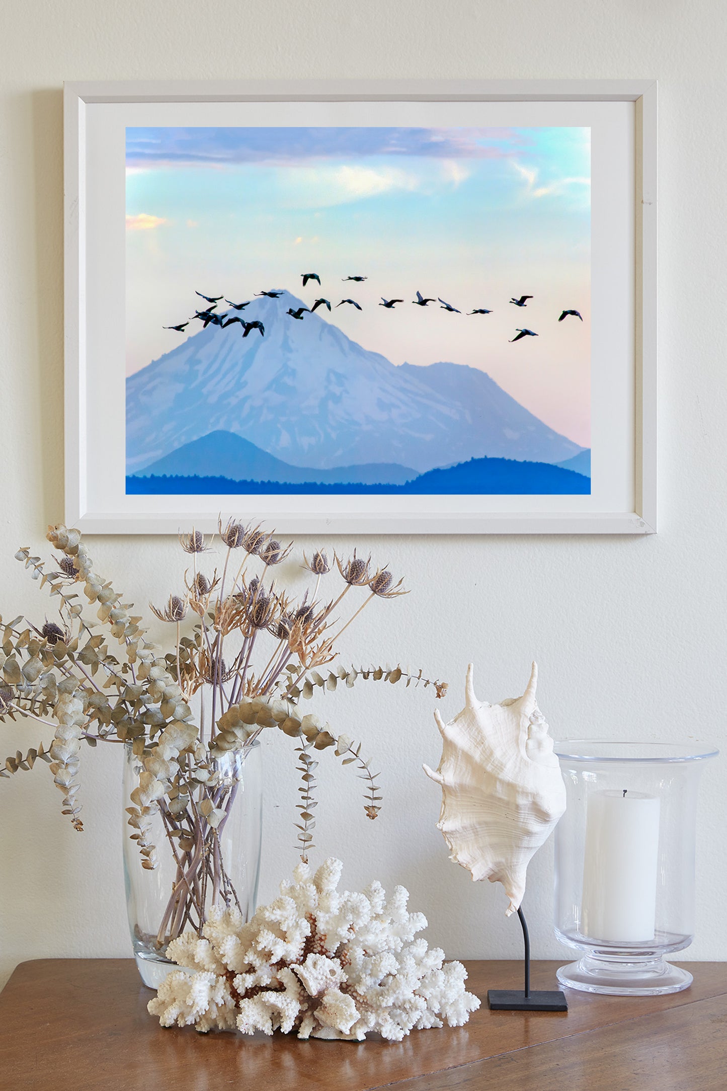 Mt Shasta in Winter with Flock of Geese | Western Mountain Landscape Art