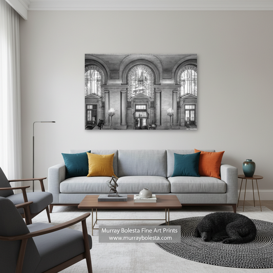 A black and white art print of a grand arched architectural interior, displayed on a light gray wall above a modern light gray sofa with colorful accent pillows in a styled living room.