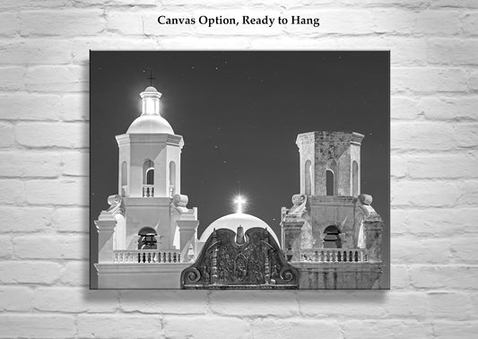 San Xavier White Dove of the Desert Spanish Colonial Church Art at Night in Black & White