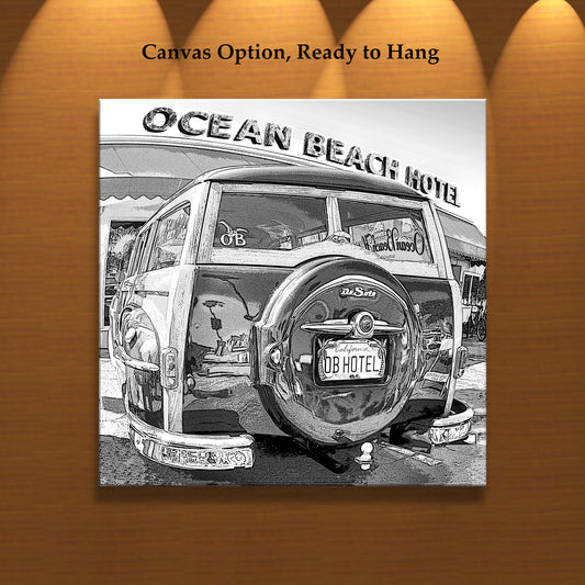 Woody Surf Wagon Picture at Ocean Beach in Black and White