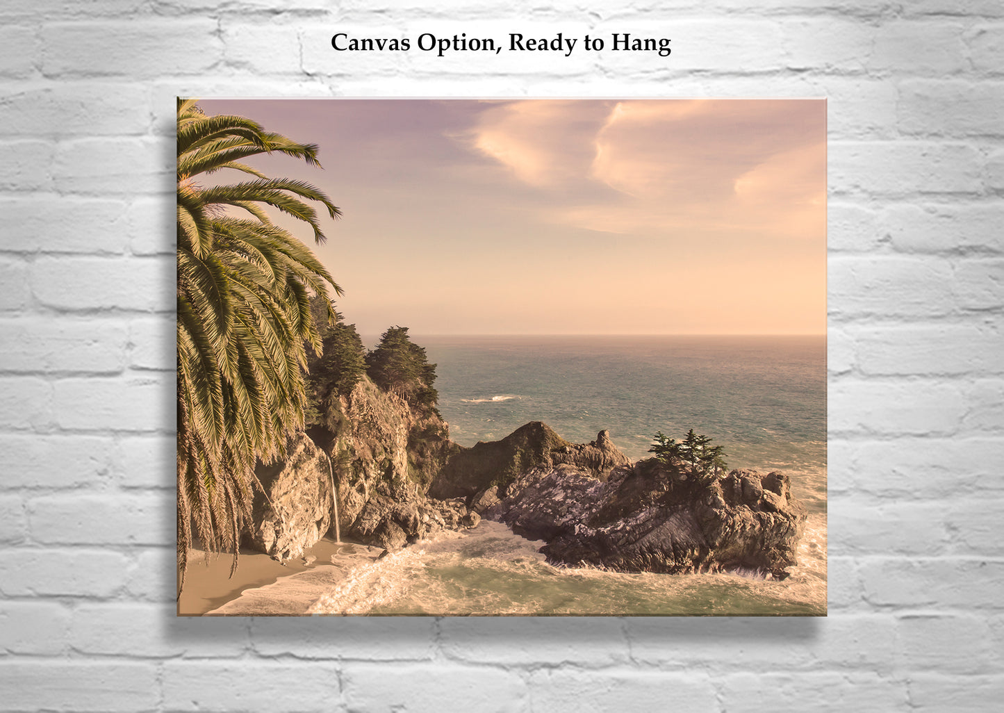 Big Sur Fine Art Print at McWay Falls with Palm Tree in Vintage Sepia Tone