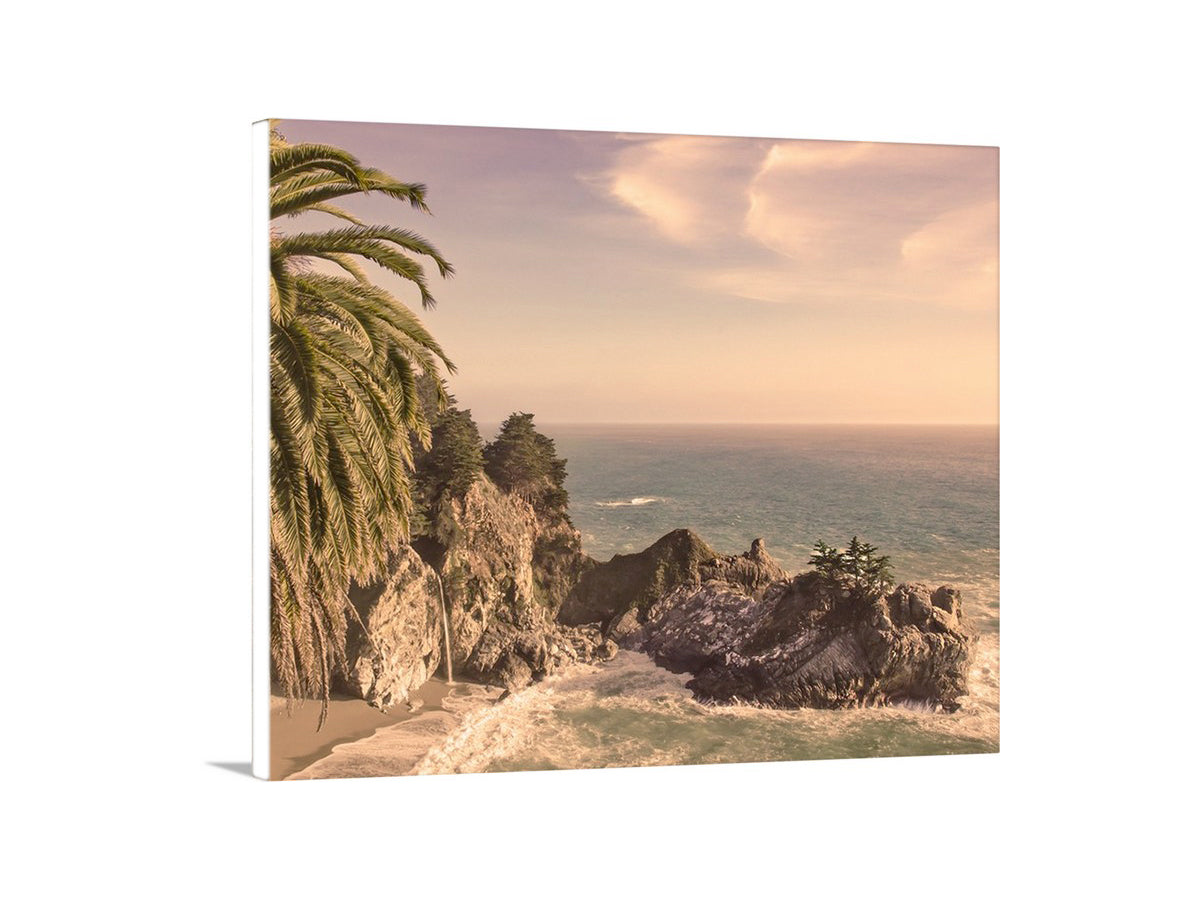 Big Sur Fine Art Print at McWay Falls with Palm Tree in Vintage Sepia Tone