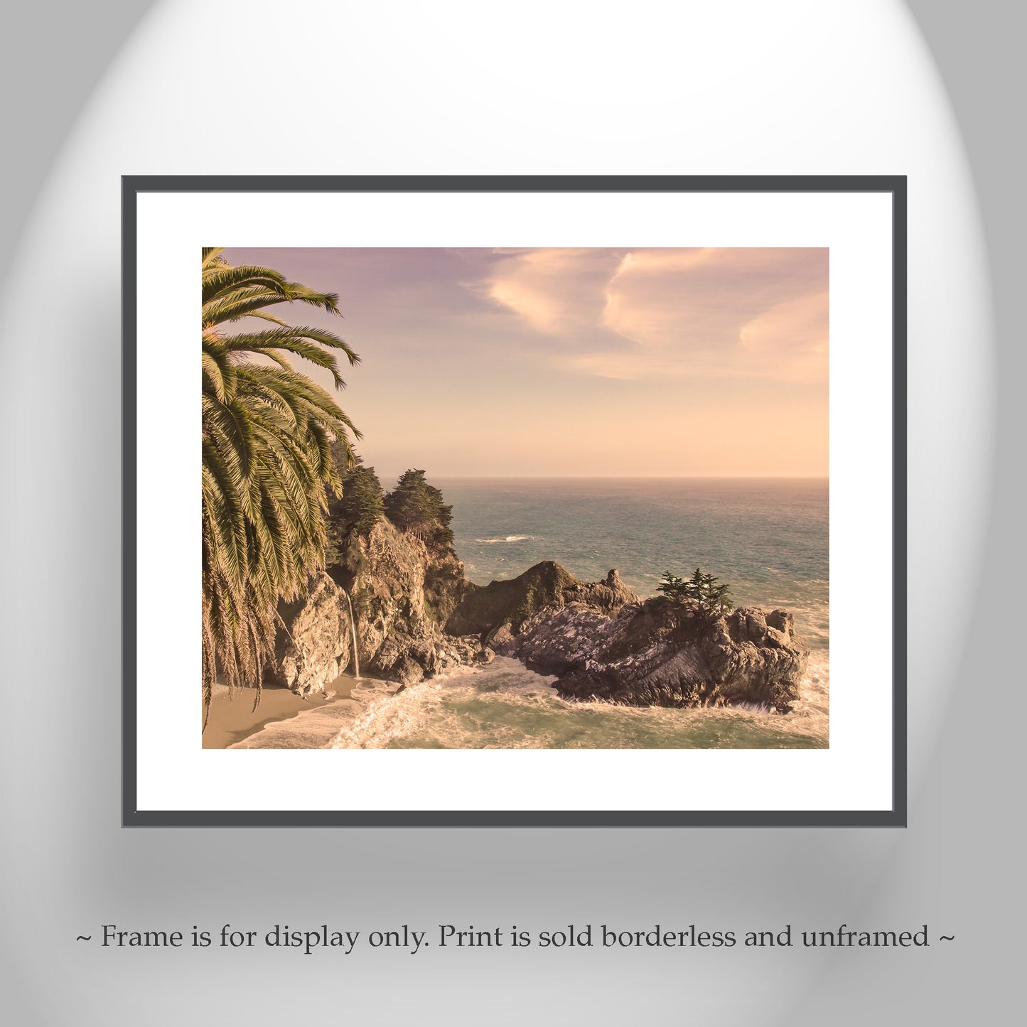 Big Sur Fine Art Print at McWay Falls with Palm Tree in Vintage Sepia Tone