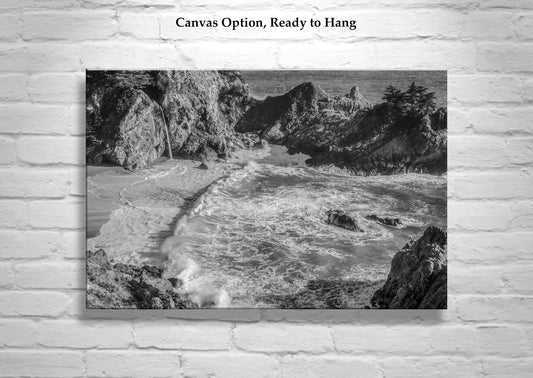 Black and White Big Sur California Beach Photograph at McWay Falls