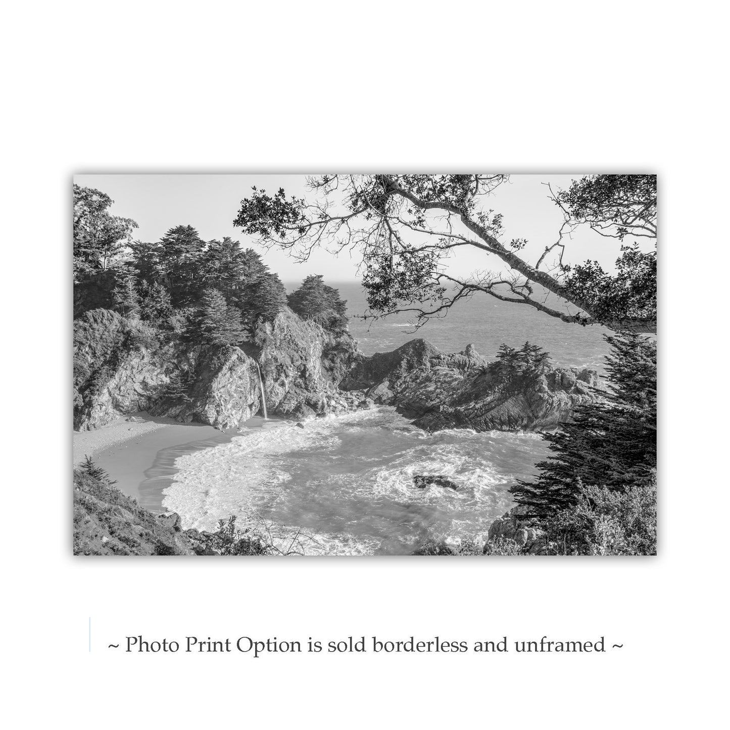 McWay Falls Big Sur Photography Print in Black and White | California Coastal Wall Decor Gift for Home or Office