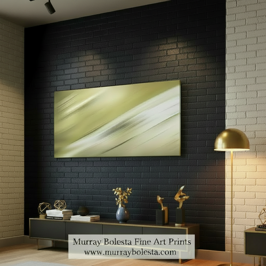Abstract art piece with wavy lines in gold, ivory and white on a white background. Modern Abstract Art on Framed Panoramic Canvas Print in Ivory by Murray Bolesta
