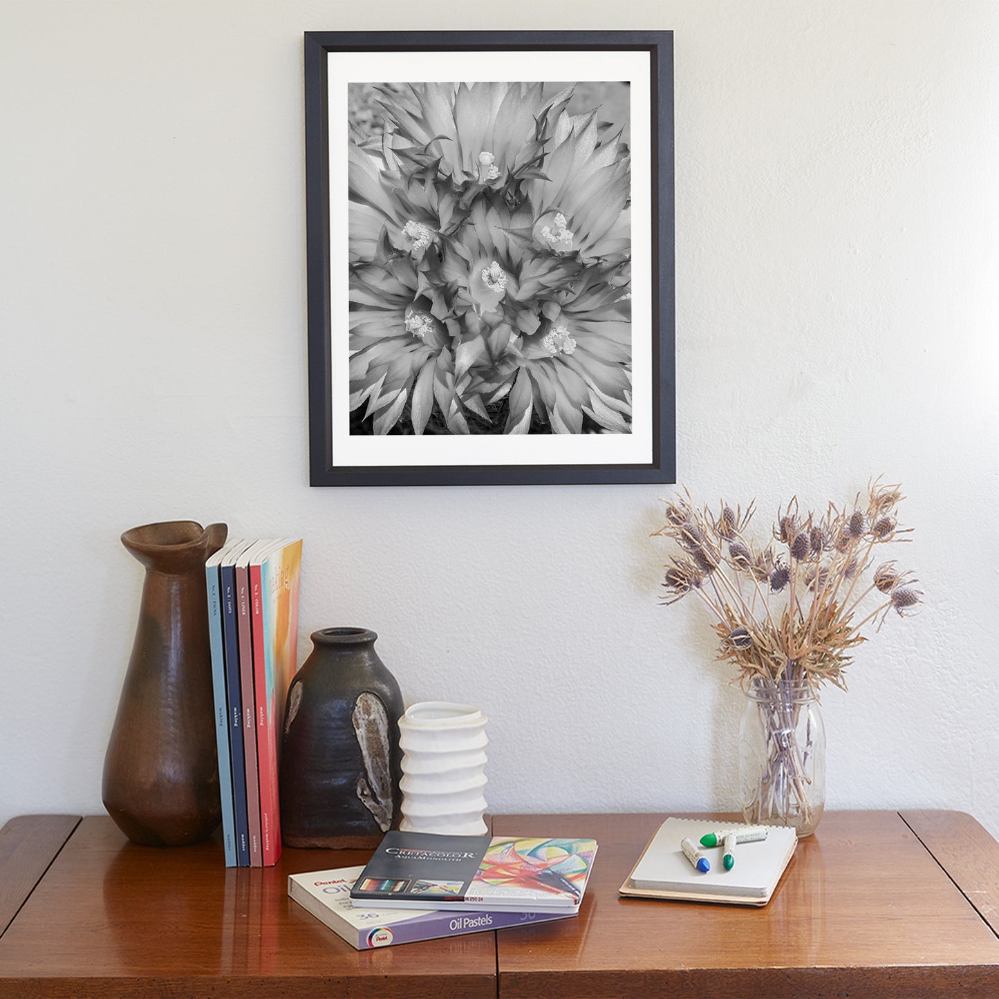 Cactus Flower Art as Unique Southwestern Wall Decor in B&W