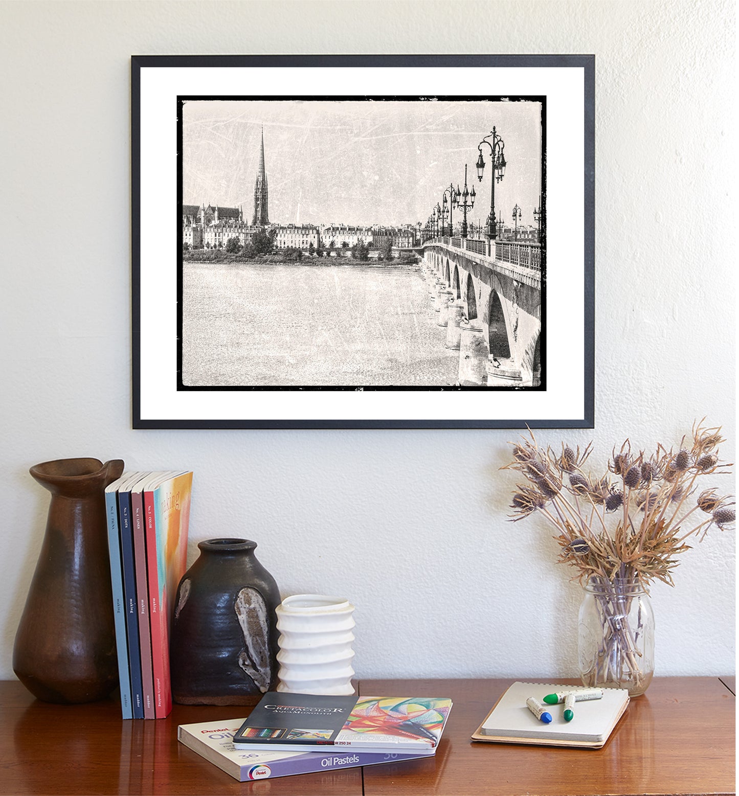 Bordeaux France Pont de Pierre Bridge Wall Art in Vintage Style