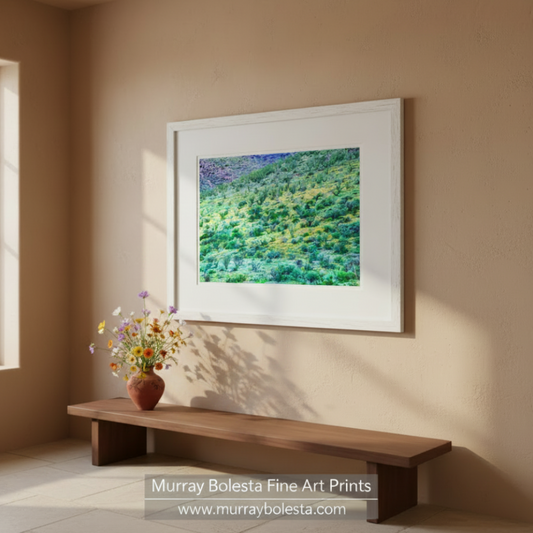 a lush, green hillside with a variety of vegetation, including small bushes and trees, creating a vibrant and natural landscape. Desert Wildflower Art – Amado Arizona Spring Landscape Print by Murray Bolesta