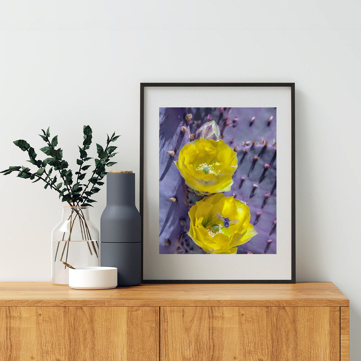 Prickly Pear Cactus as Purple and Yellow Desert Botanical Art Print