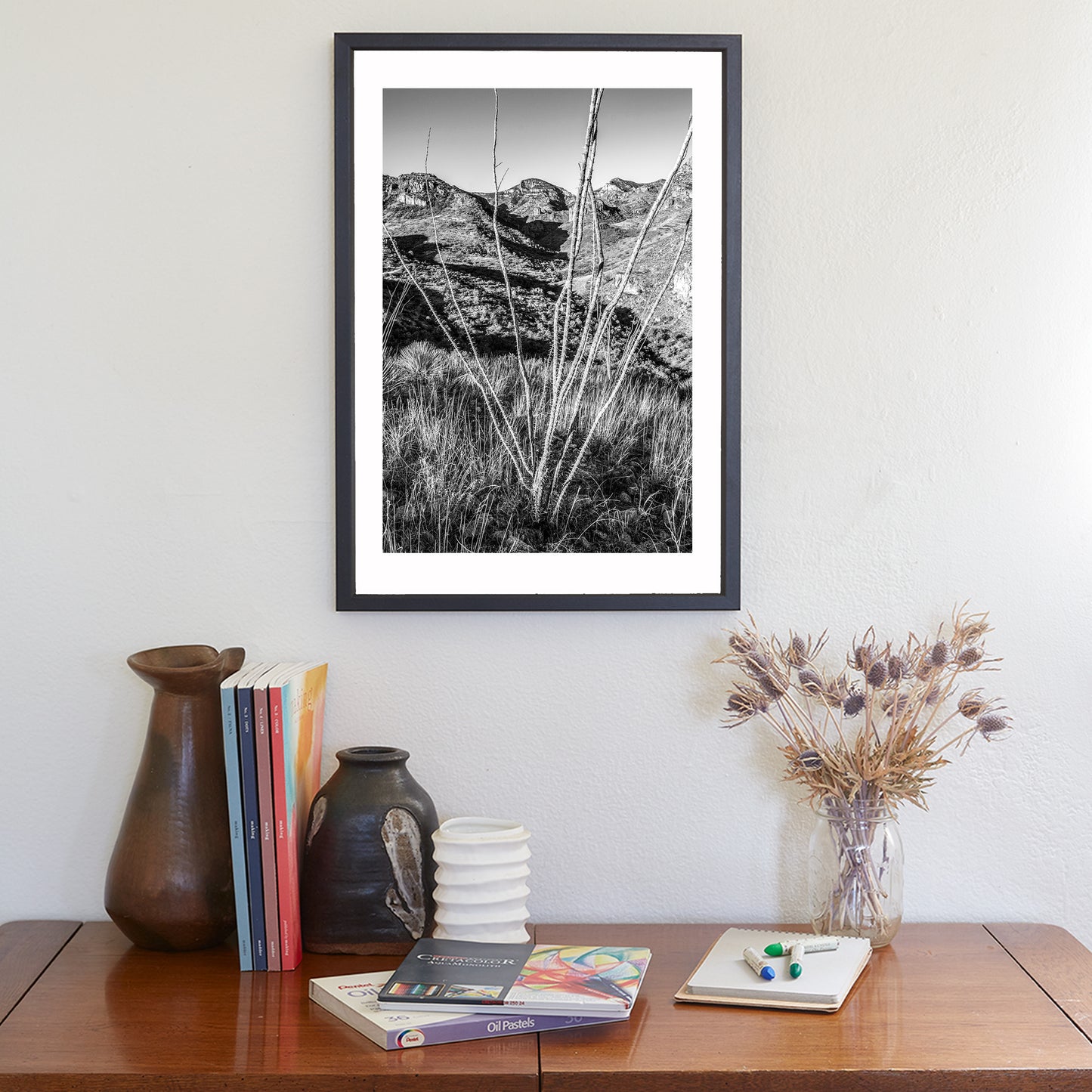 Ramanote Canyon Black and White Arizona Landscape Art with Ocotillo