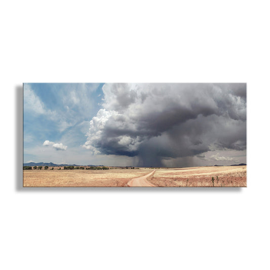 A panoramic view of a rural landscape with a dirt road leading through a field of dry grass, with a large, ominous storm cloud looming in the distance. Southern Arizona Prairie Storm Art Print - Canelo Hills Country Roads Landscape